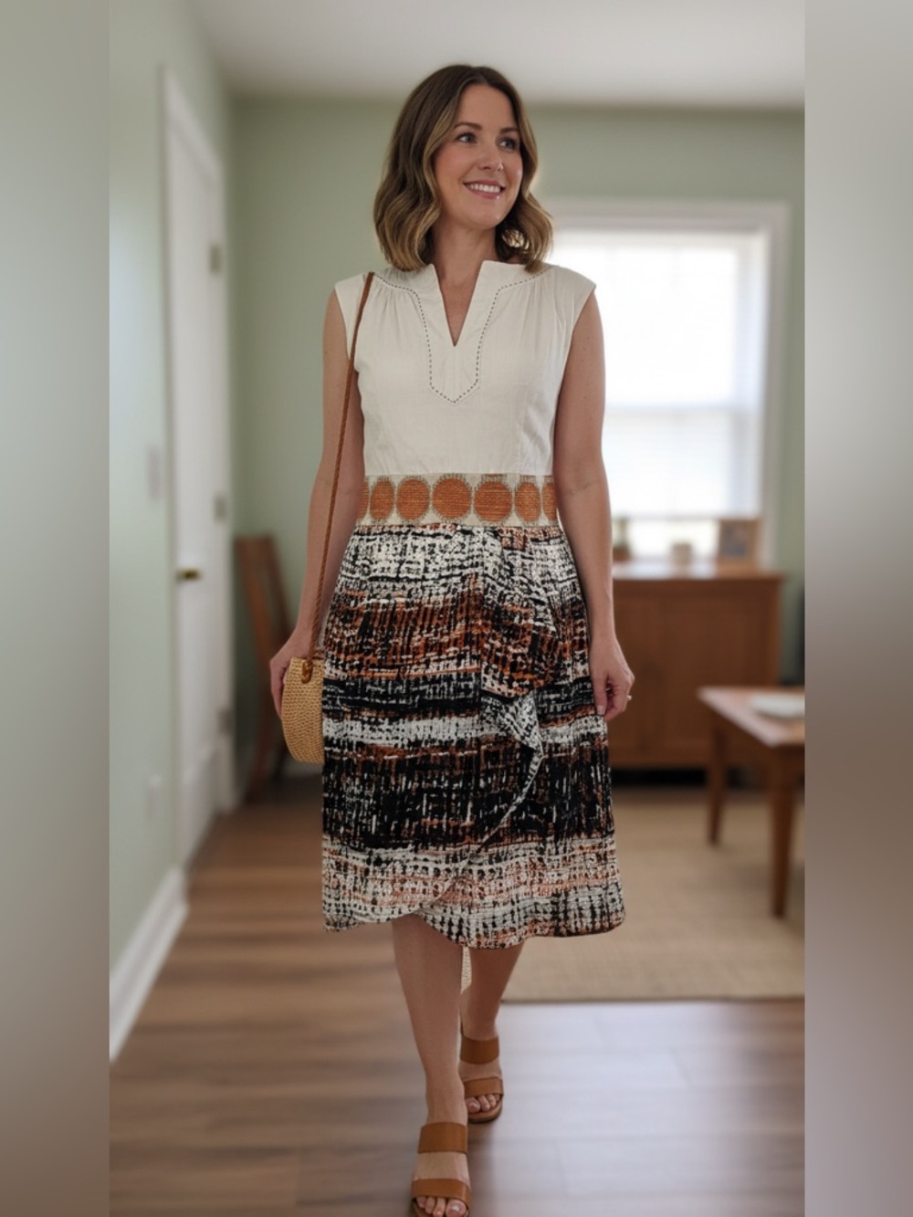 Milly of New York Cream and Brown Printed Midi Dress with Textured Waist size 6